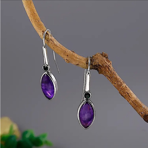 Boho Purple Zircon Hook Dangle Earrings - Picture 5 of 6